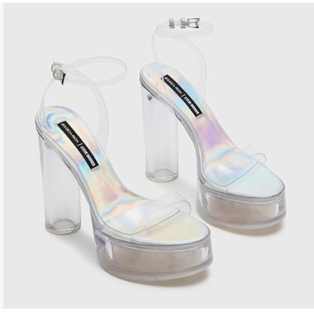 Jessica Rich Steve Madden Size 9 Nova Clear Holographic Platform Heels Sandals